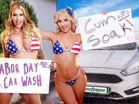 DustyPorn presents: Car wash duo shake tits and score big
