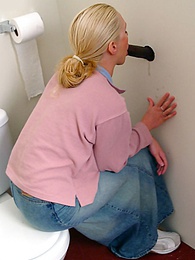 DustyPorn presents: Blonde girl Jamie sits on the toilet and blows a black gloryhole dong