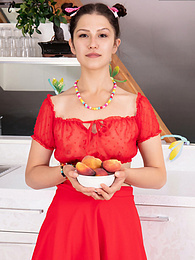 DustyPorn presents: Slim teen girl poses in sexy red outfit and takes it off to present her tits, ass and pussy