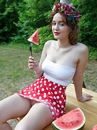 DustyPorn presents: Nice belarusian stunner Rokki removes all clothes on a blanket in a backyard