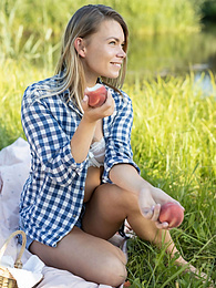 DustyPorn presents: Skinny blonde Paulina gets naked on a blanket in a field of wheat